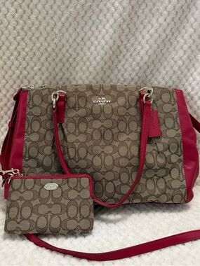 Coach Signature Christie Purse With Red Leather Trim & Matching Coin Wristlet